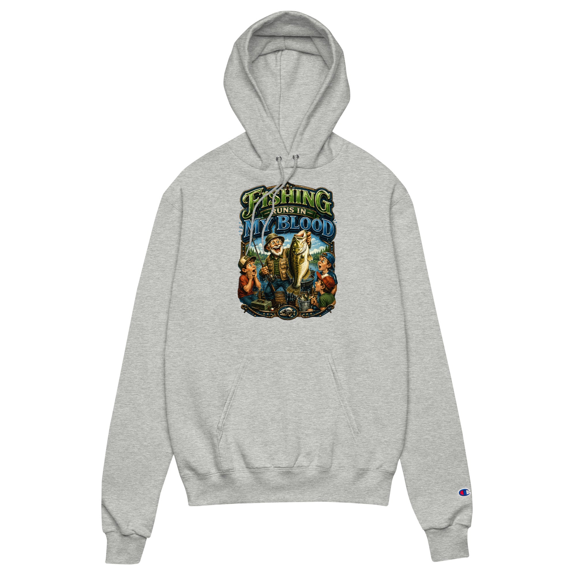 Fishing Runs In My Blood Champion Hoodie - Premium Unisex Graphic Pullover for Fishing Lovers by printfluence.net