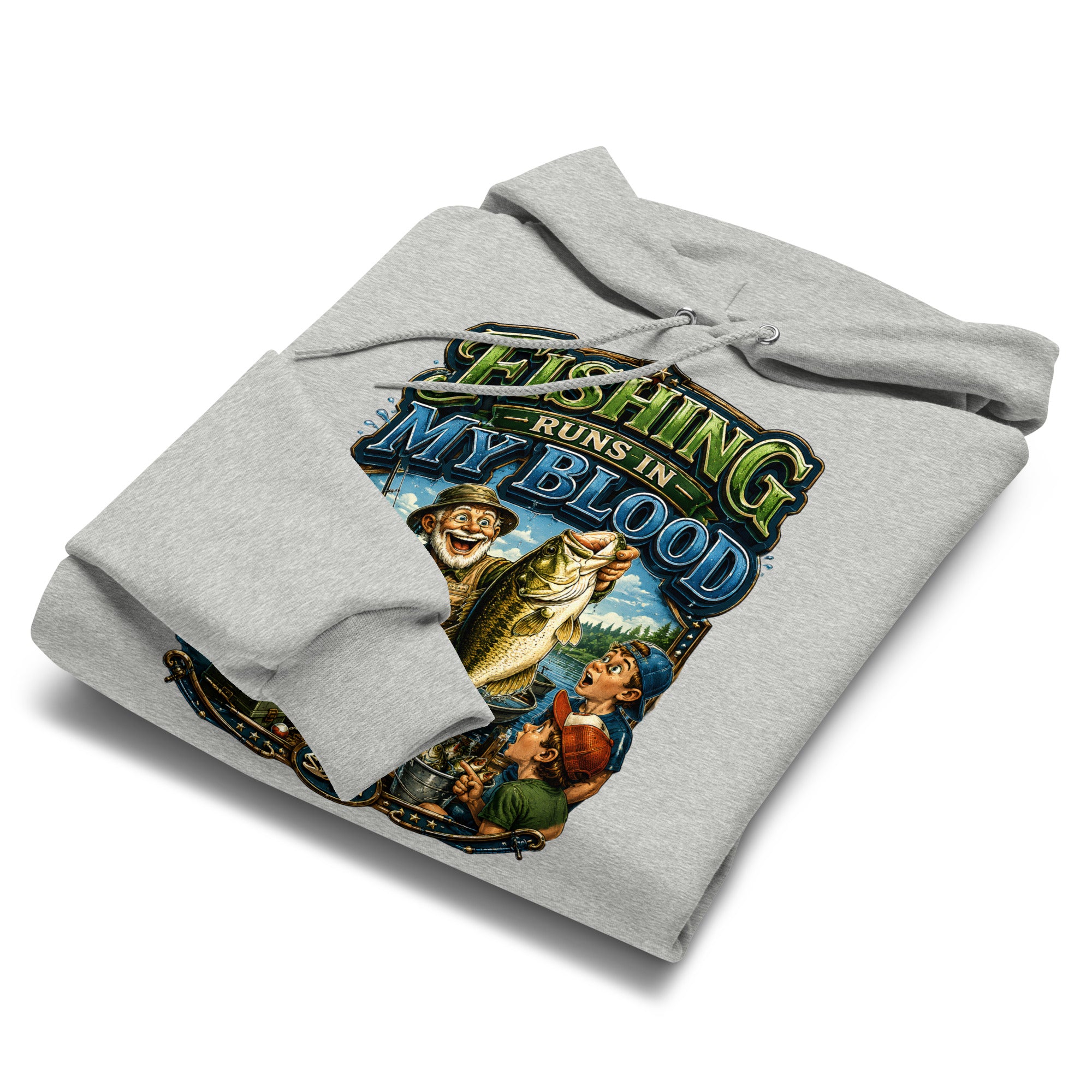 Fishing Runs In My Blood Champion Hoodie - Premium Unisex Graphic Pullover for Fishing Lovers by printfluence.net