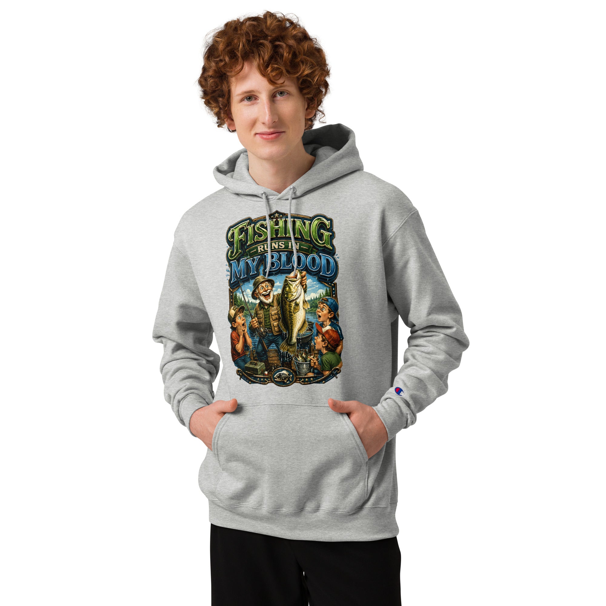 Fishing Runs In My Blood Champion Hoodie - Premium Unisex Graphic Pullover for Fishing Lovers by printfluence.net