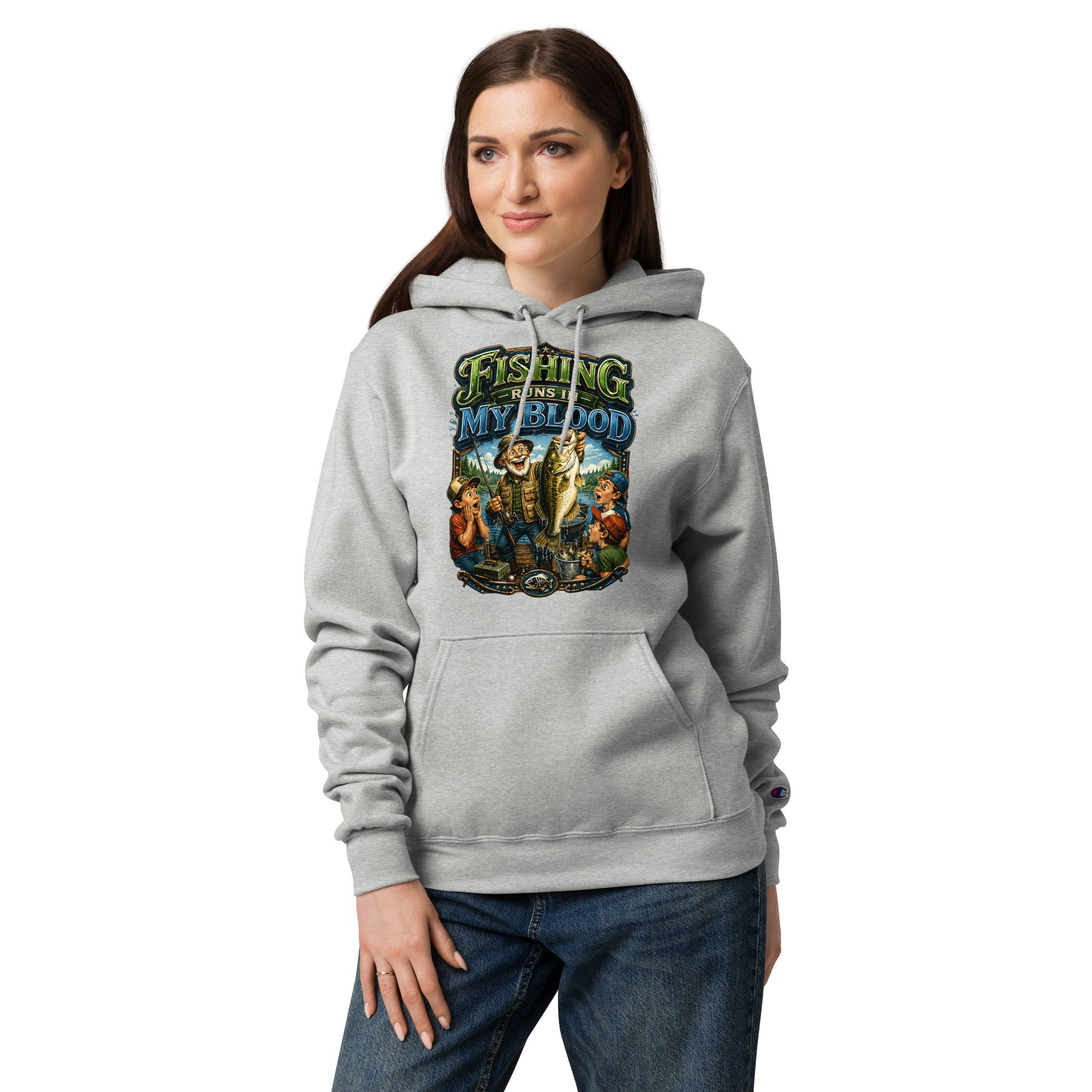 Fishing Runs In My Blood Champion Hoodie - Premium Unisex Graphic Pullover for Fishing Lovers by printfluence.net