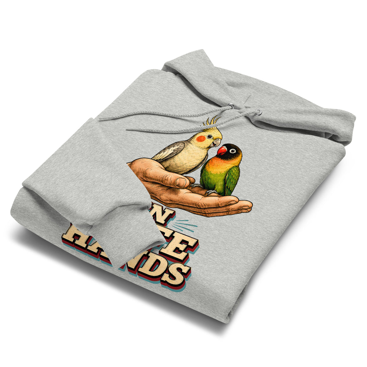 In Safe Hands Unisex Champion Hoodie - Retro Cockatiel & Lovebird Parrot Lovers Pullover H-12 by printfluence.net