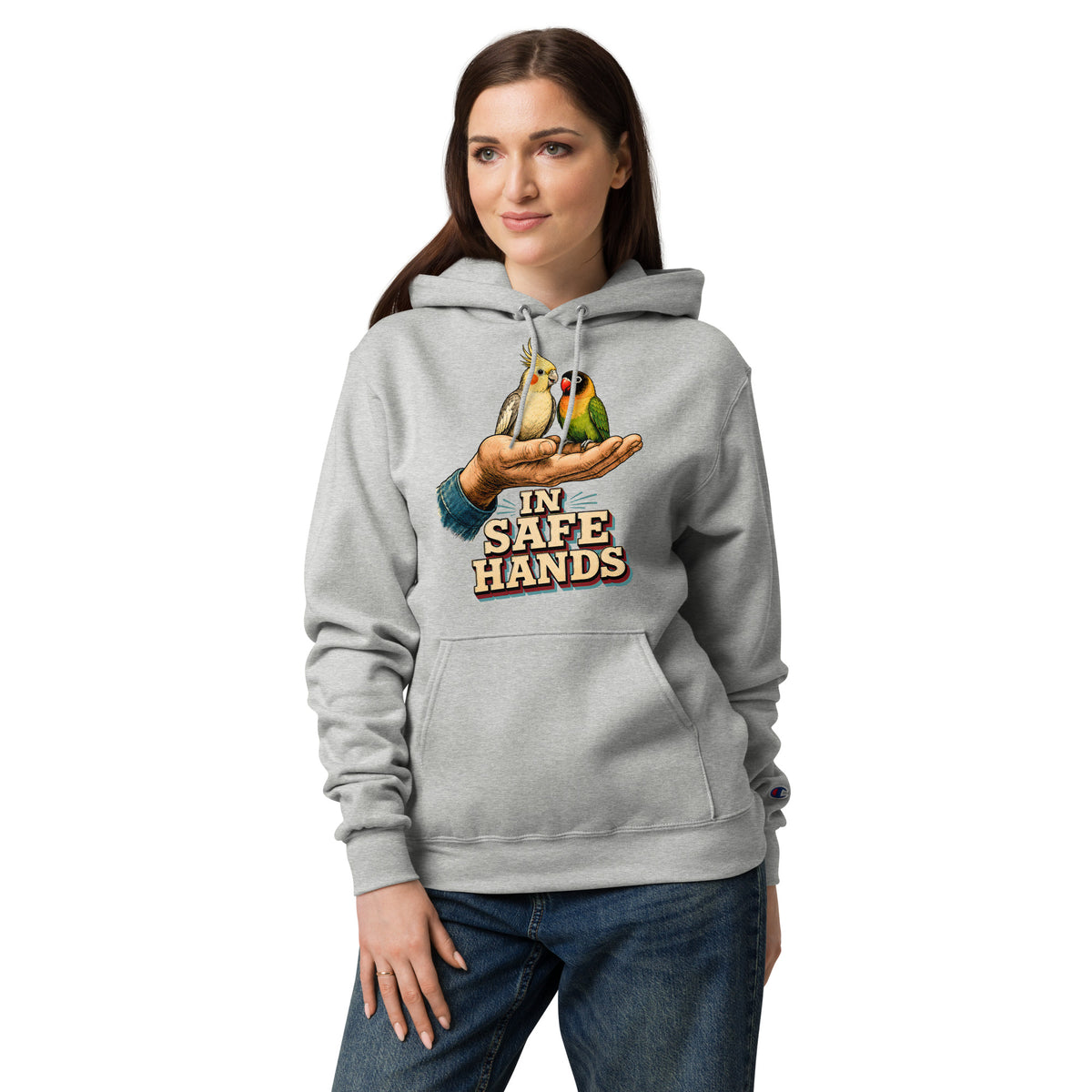In Safe Hands Unisex Champion Hoodie - Retro Cockatiel & Lovebird Parrot Lovers Pullover H-12 by printfluence.net