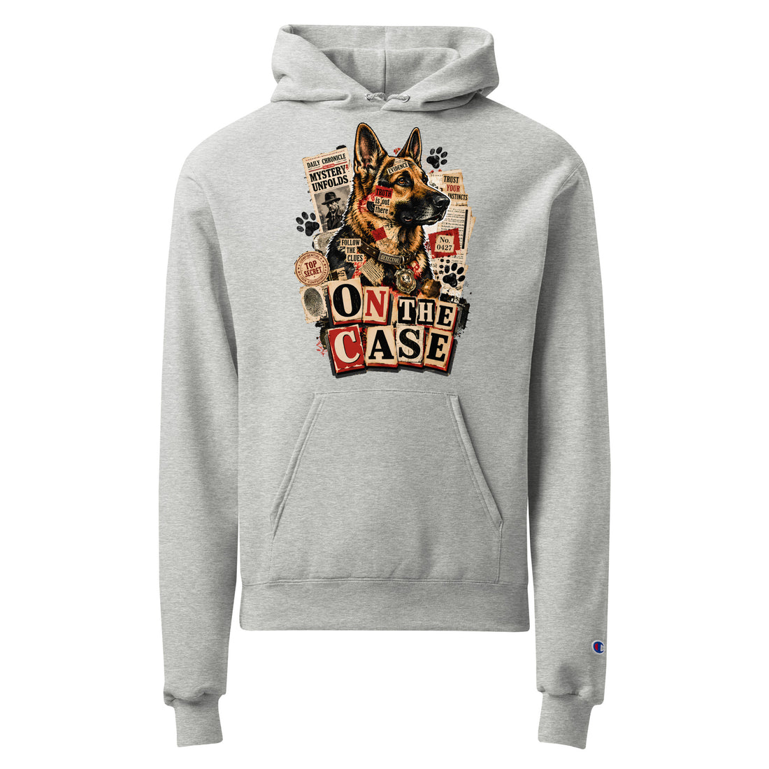 On The Case Detective Graphic Champion Hoodie | Vintage German Shepherd Unisex Pullover H-12 by printfluence.net