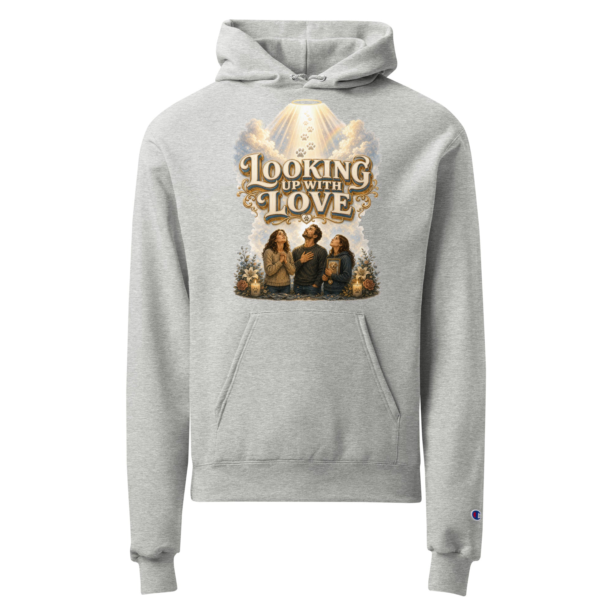 Golden Retriever Lovers Unisex Champion Hoodie — "Looking Up with Love" Pet Loss Remembrance and Heavenly Tribute Design by printfluence.net