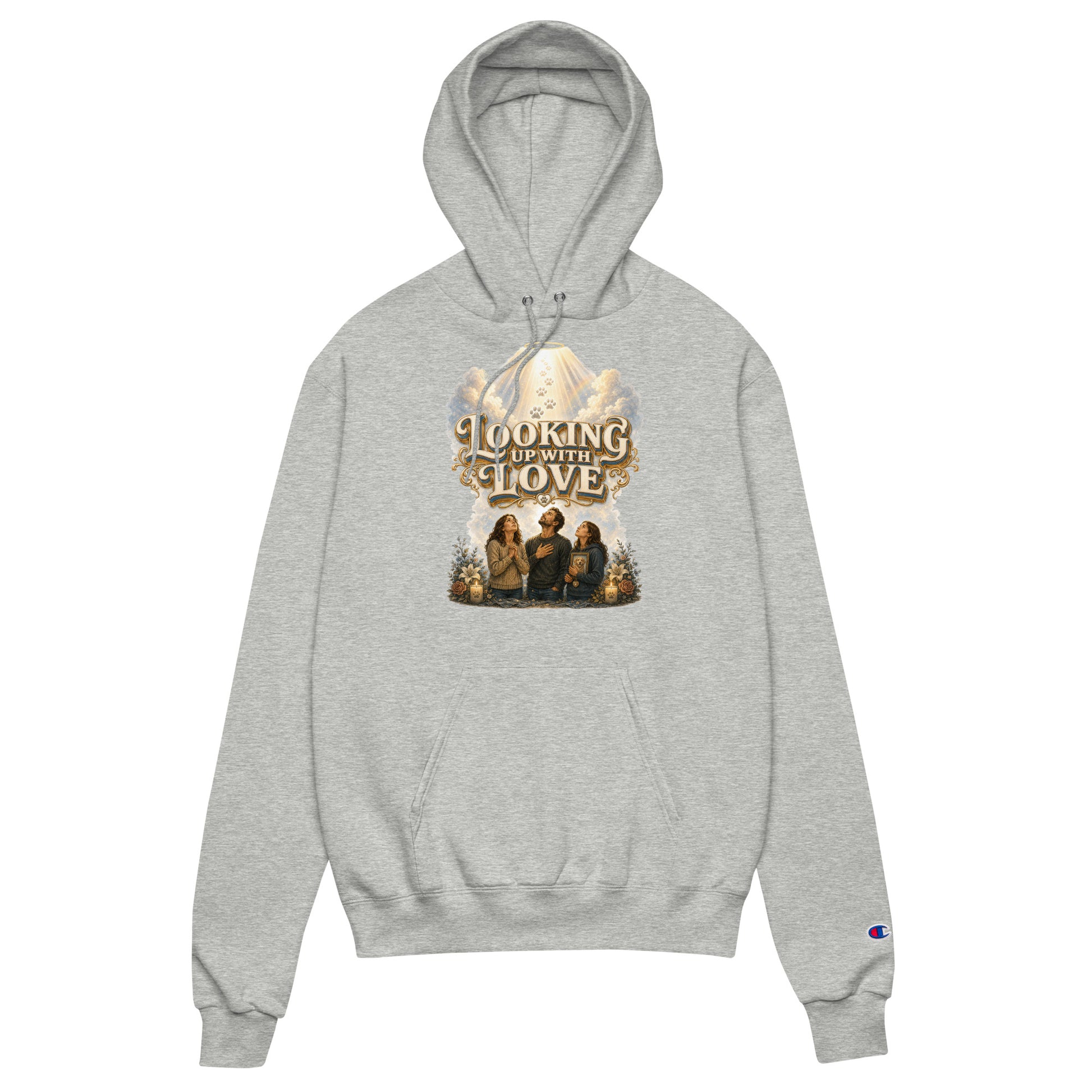 Golden Retriever Lovers Unisex Champion Hoodie — "Looking Up with Love" Pet Loss Remembrance and Heavenly Tribute Design by printfluence.net