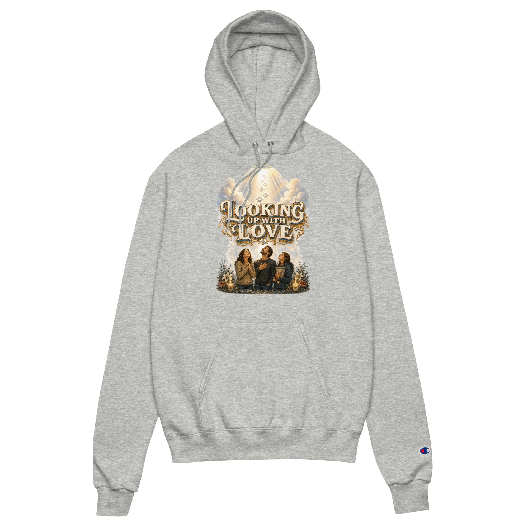 Golden Retriever Lovers Unisex Champion Hoodie — "Looking Up with Love" Pet Loss Remembrance and Heavenly Tribute Design by printfluence.net