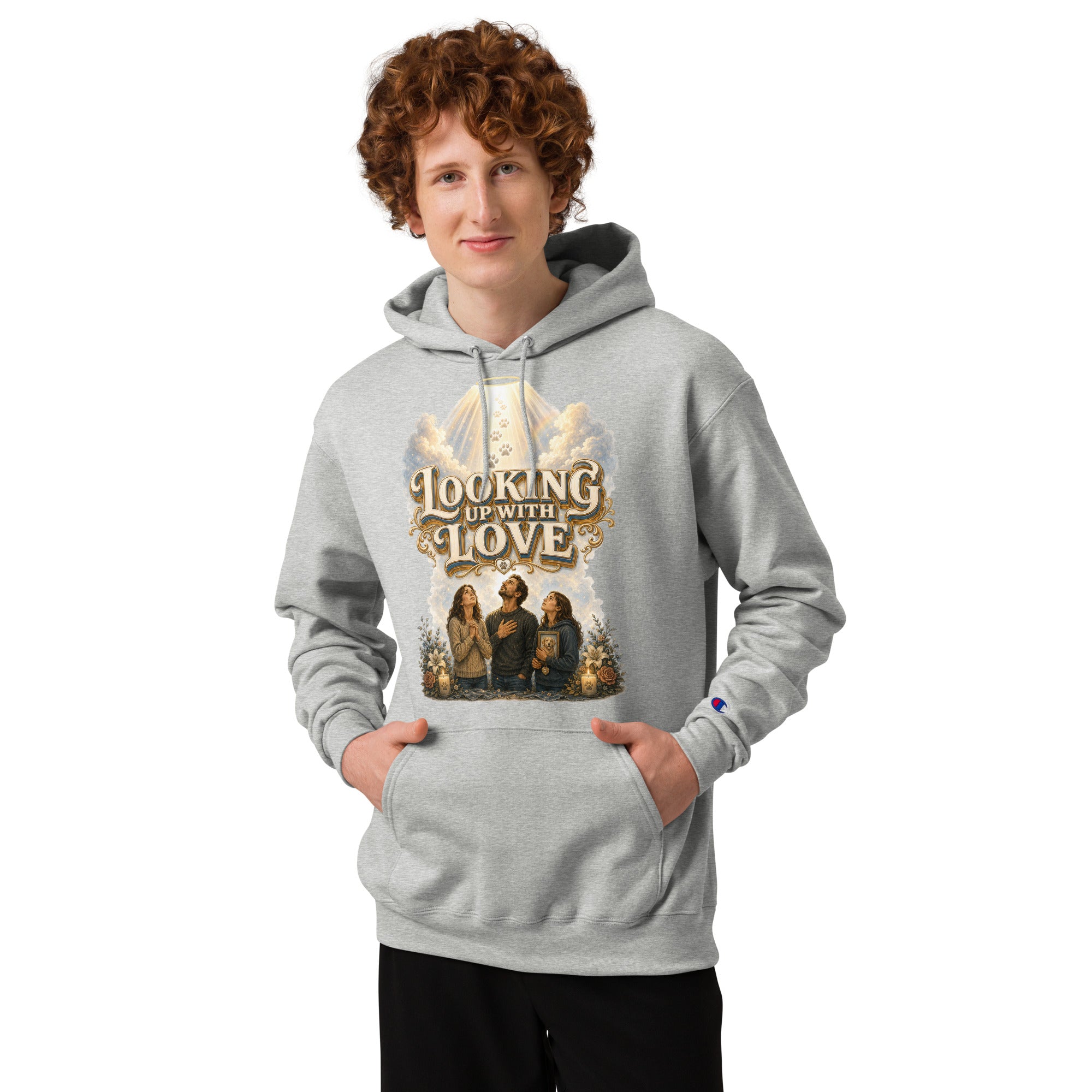 Golden Retriever Lovers Unisex Champion Hoodie — "Looking Up with Love" Pet Loss Remembrance and Heavenly Tribute Design by printfluence.net