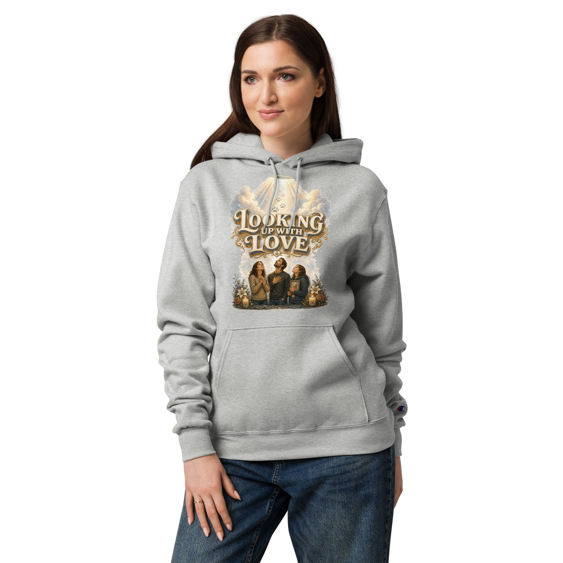 Golden Retriever Lovers Unisex Champion Hoodie — "Looking Up with Love" Pet Loss Remembrance and Heavenly Tribute Design by printfluence.net