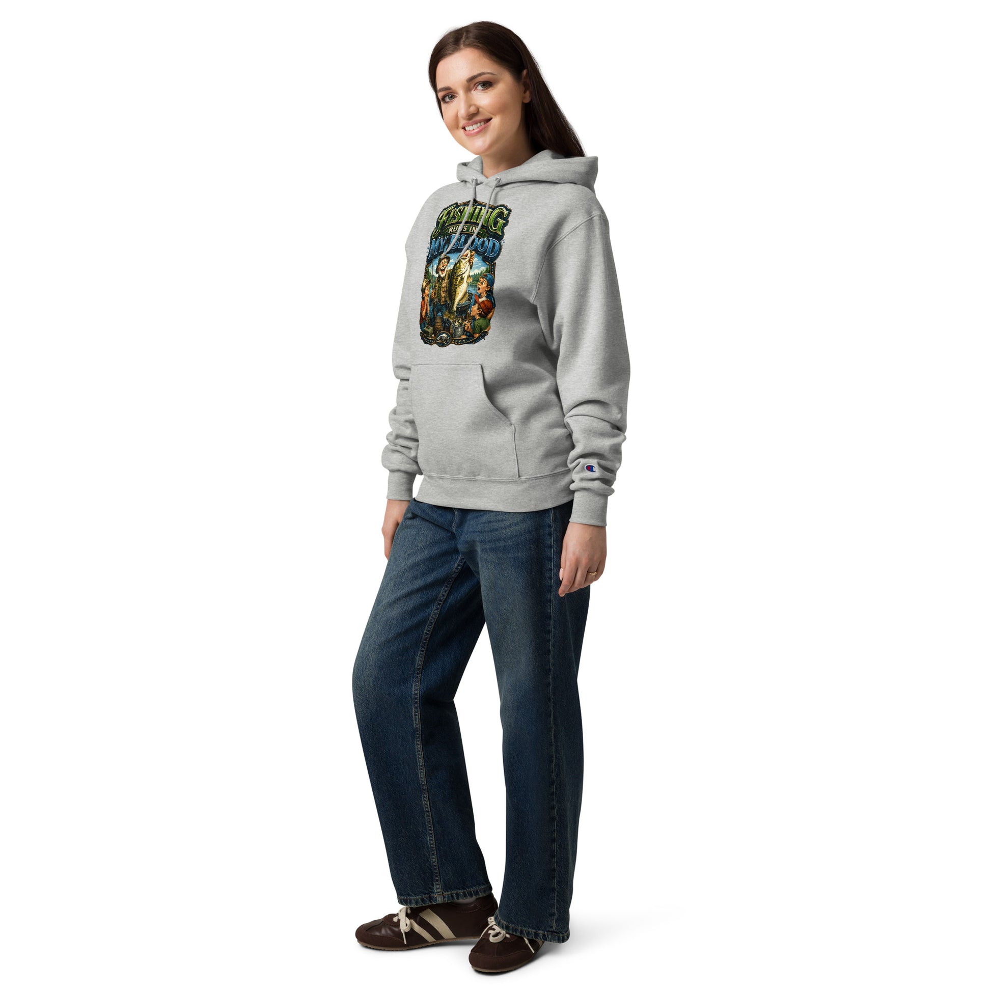Fishing Runs In My Blood Champion Hoodie - Premium Unisex Graphic Pullover for Fishing Lovers by printfluence.net