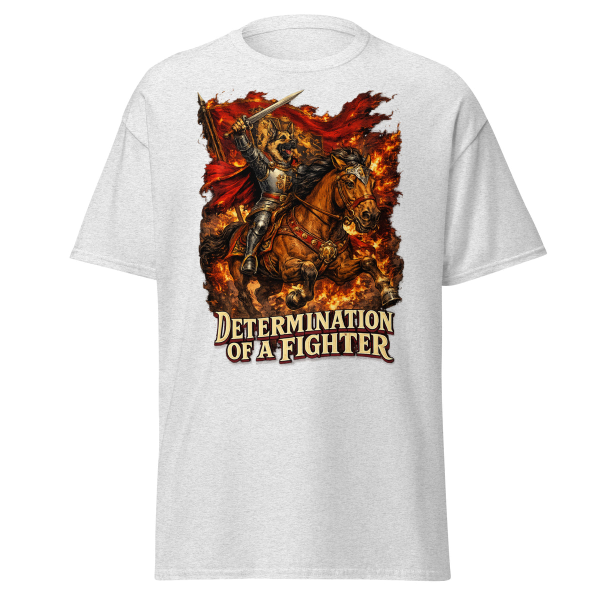 German Shepherd Lovers Unisex Classic Tee | "Determination of a Fighter" Medieval Knight Graphic Apparel by printfluence.net