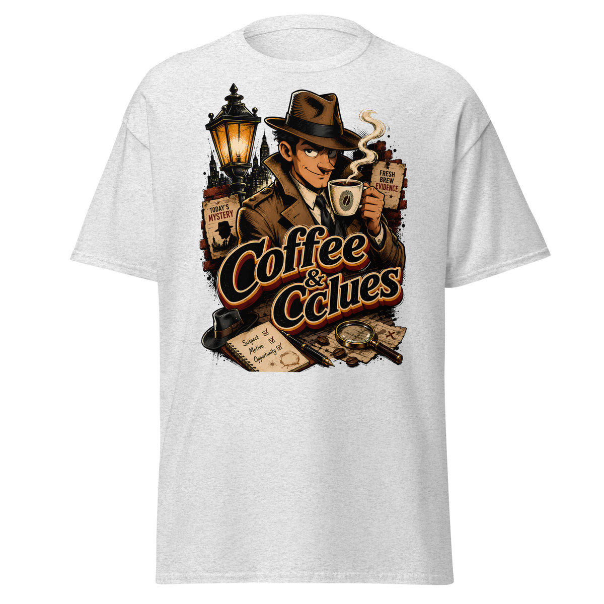 Coffee Lovers Unisex Classic Tee Coffee & Clues – Noir Detective Style Graphic Shirt by printfluence.net