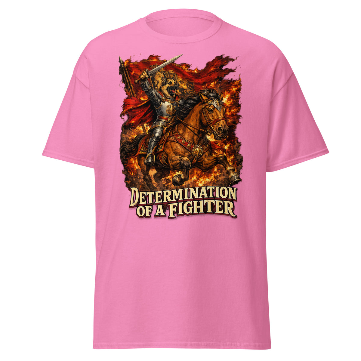 German Shepherd Lovers Unisex Classic Tee | "Determination of a Fighter" Medieval Knight Graphic Apparel by printfluence.net