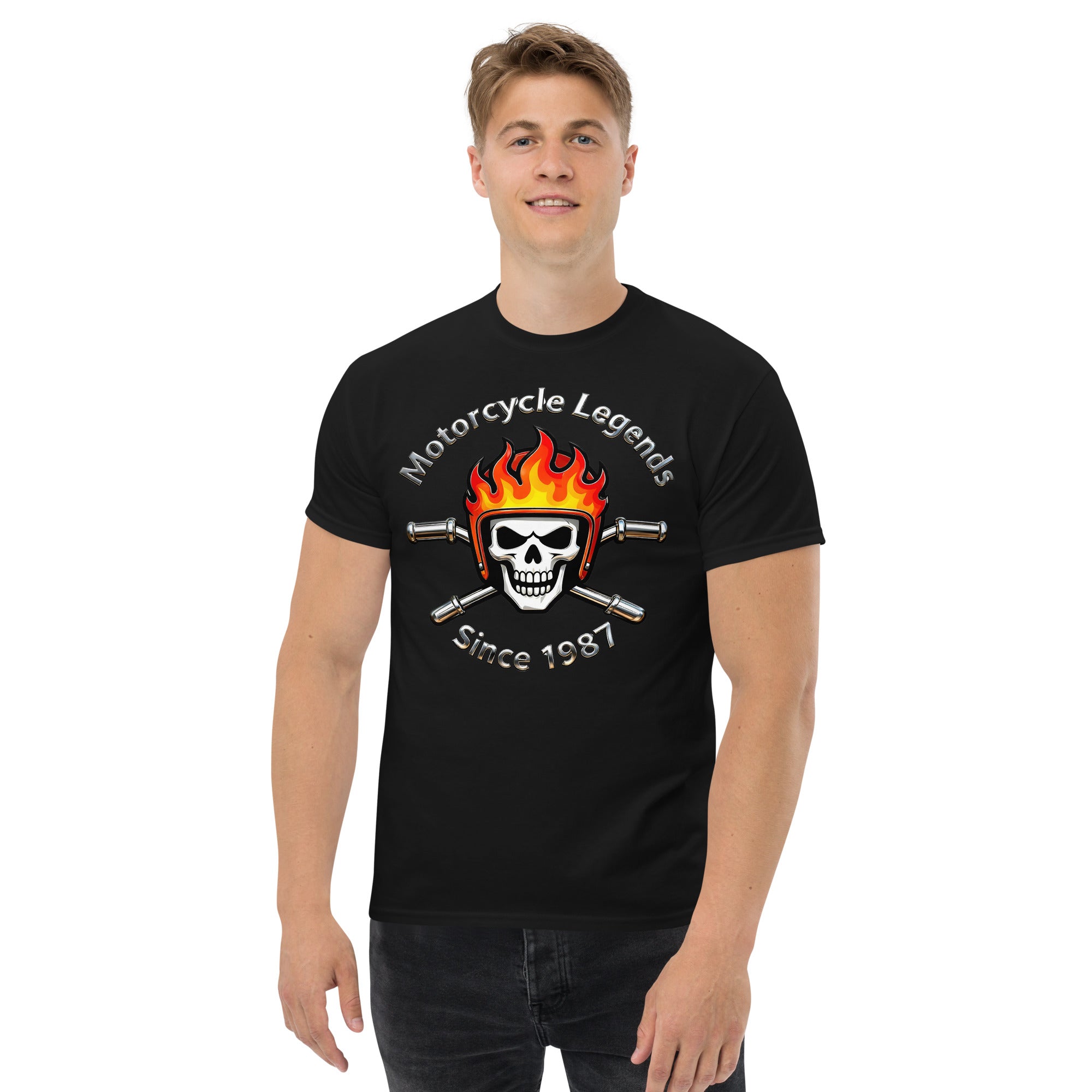 Unisex classic tee - Motorcycle Legends Since 1987 Tee – Flaming Chrome Biker Graphic T-Shirt by printfluence.net
