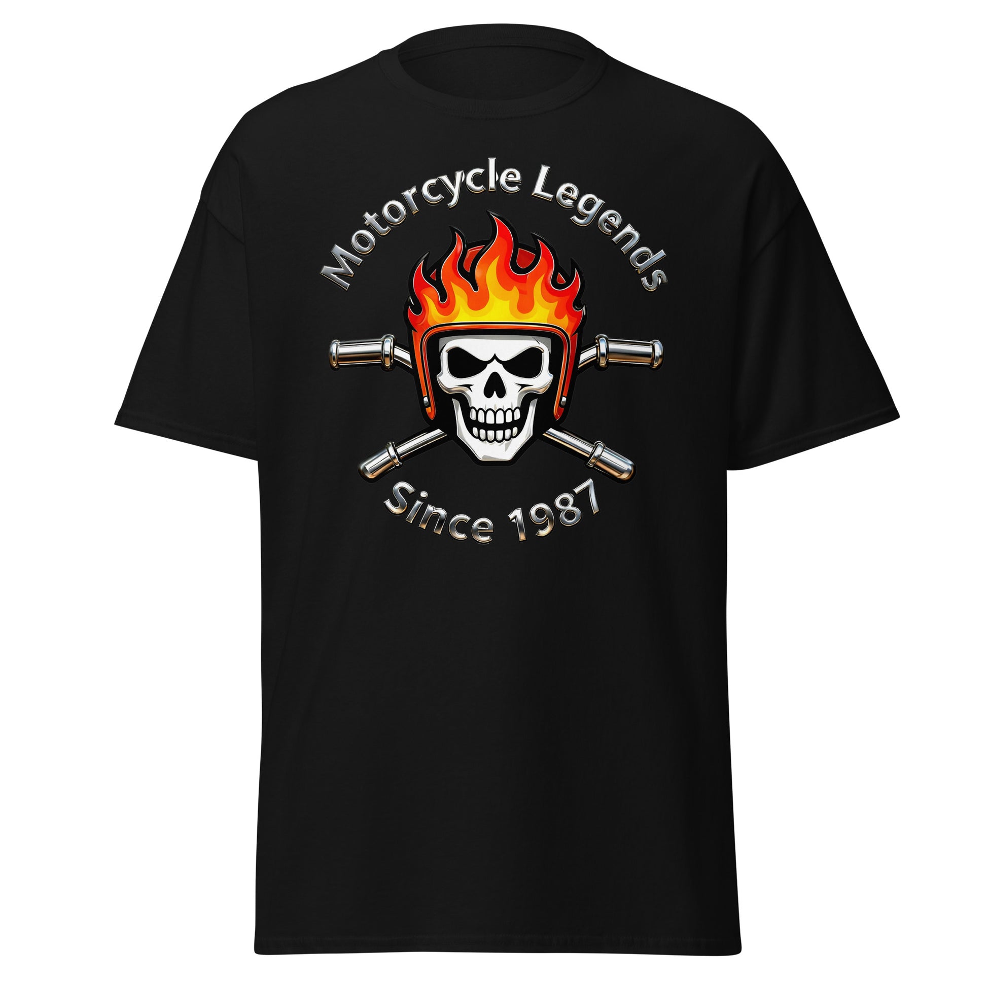 Unisex classic tee - Motorcycle Legends Since 1987 Tee – Flaming Chrome Biker Graphic T-Shirt by printfluence.net