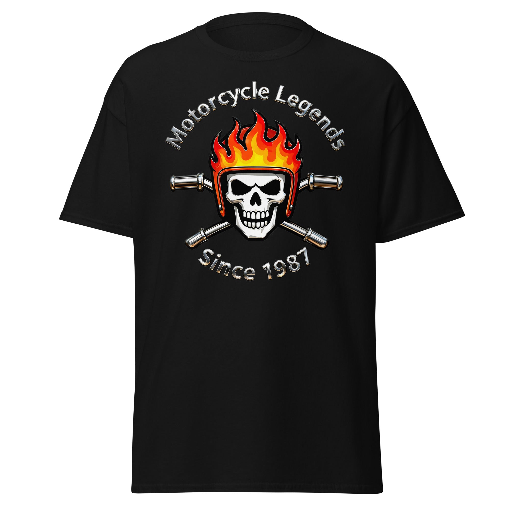 Unisex classic tee - Motorcycle Legends Since 1987 Tee – Flaming Chrome Biker Graphic T-Shirt by printfluence.net