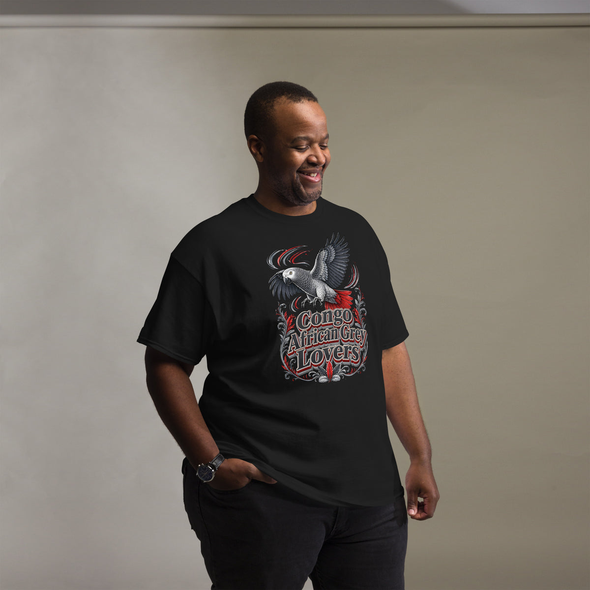 Classic Congo African Grey Lovers T-Shirt – Majestic Flying Parrot Art by printfluence.net
