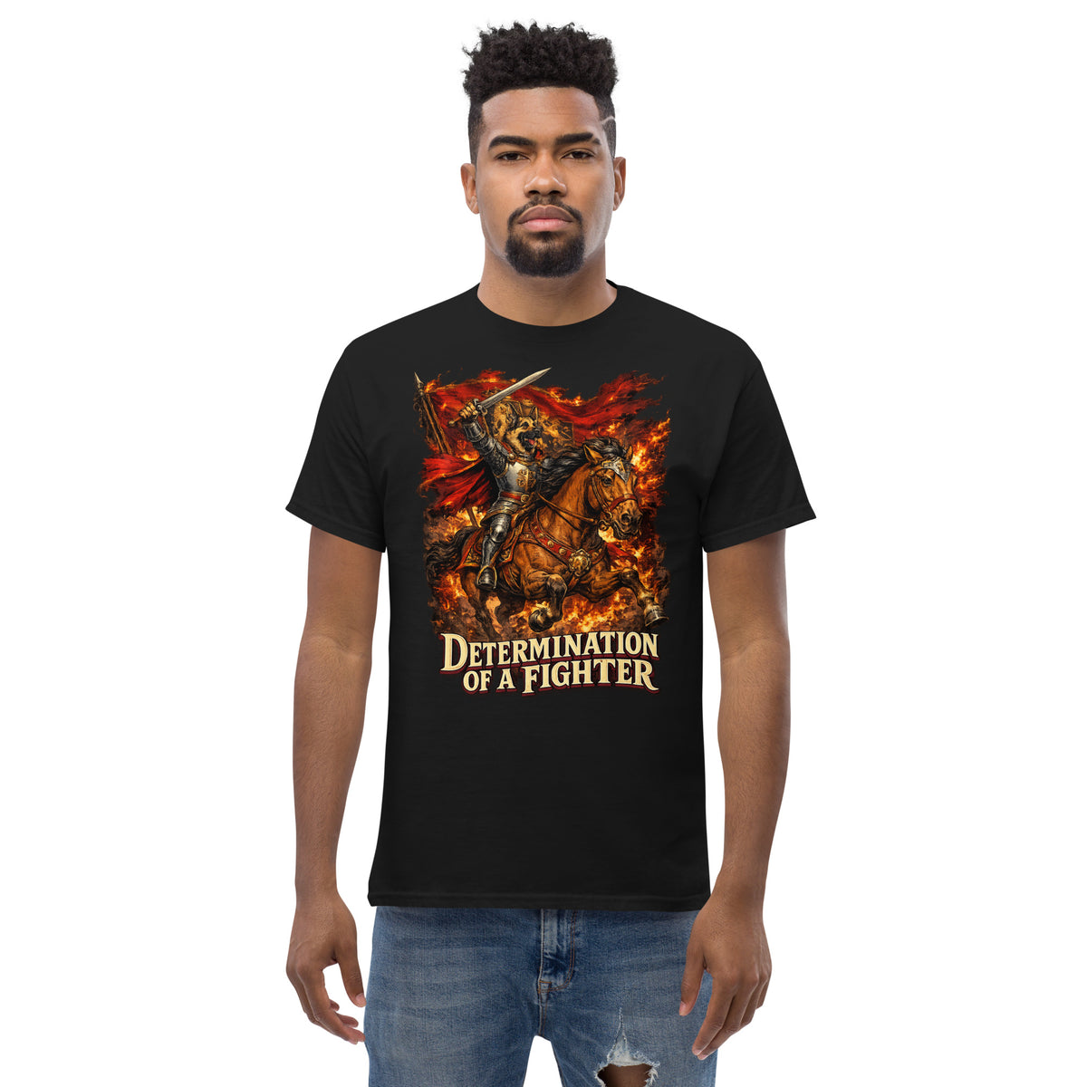 German Shepherd Lovers Unisex Classic Tee | "Determination of a Fighter" Medieval Knight Graphic Apparel by printfluence.net