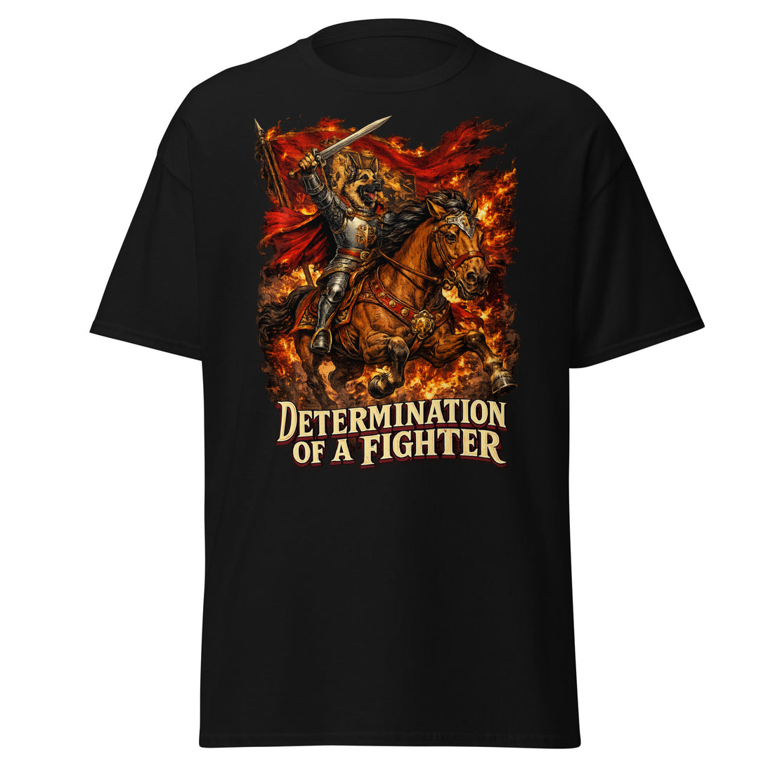 German Shepherd Lovers Unisex Classic Tee | "Determination of a Fighter" Medieval Knight Graphic Apparel by printfluence.net