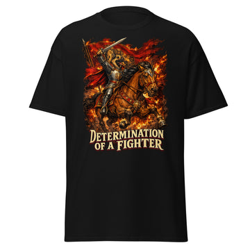 German Shepherd Lovers Unisex Classic Tee | "Determination of a Fighter" Medieval Knight Graphic Apparel by printfluence.net