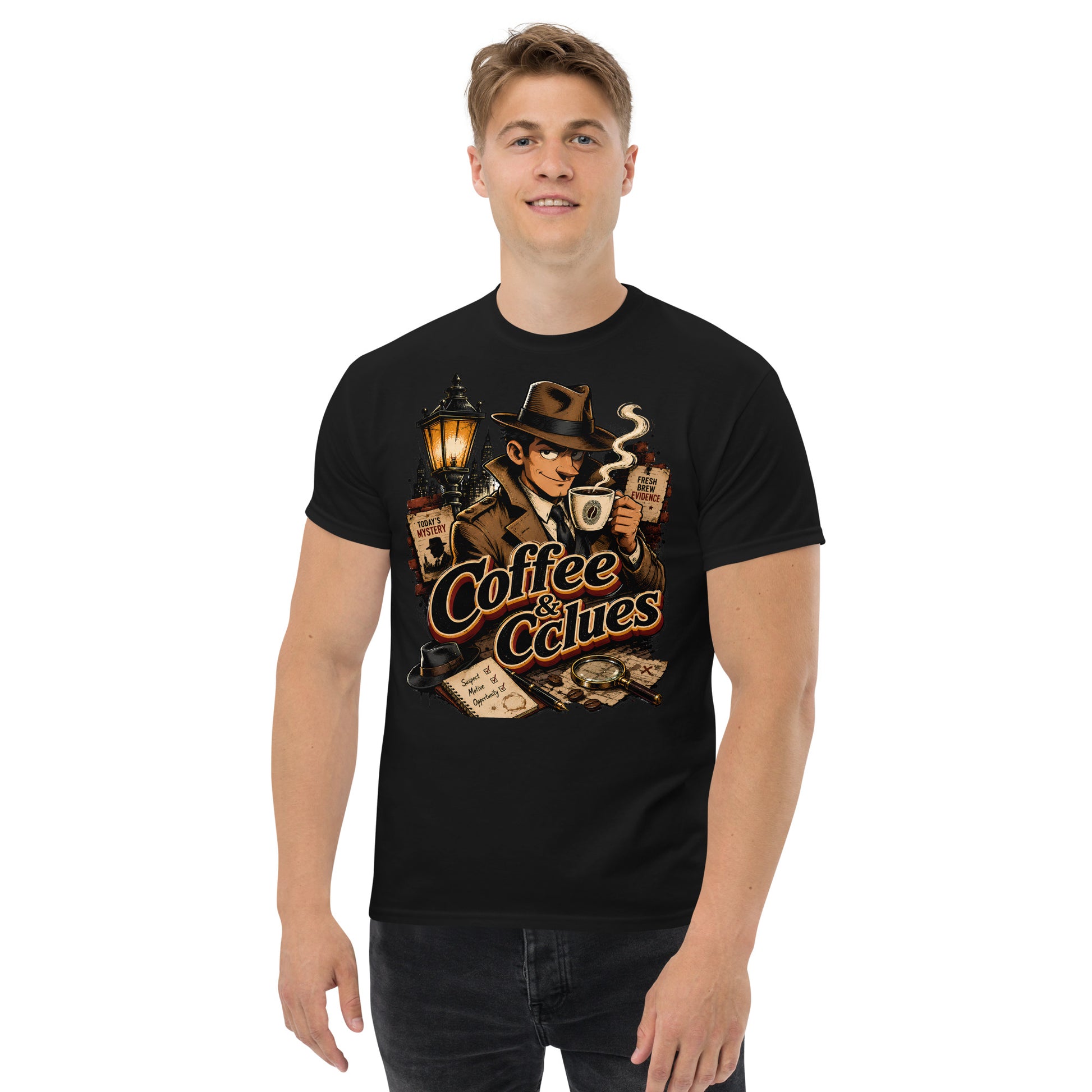 Coffee Lovers Unisex Classic Tee Coffee & Clues – Noir Detective Style Graphic Shirt by printfluence.net