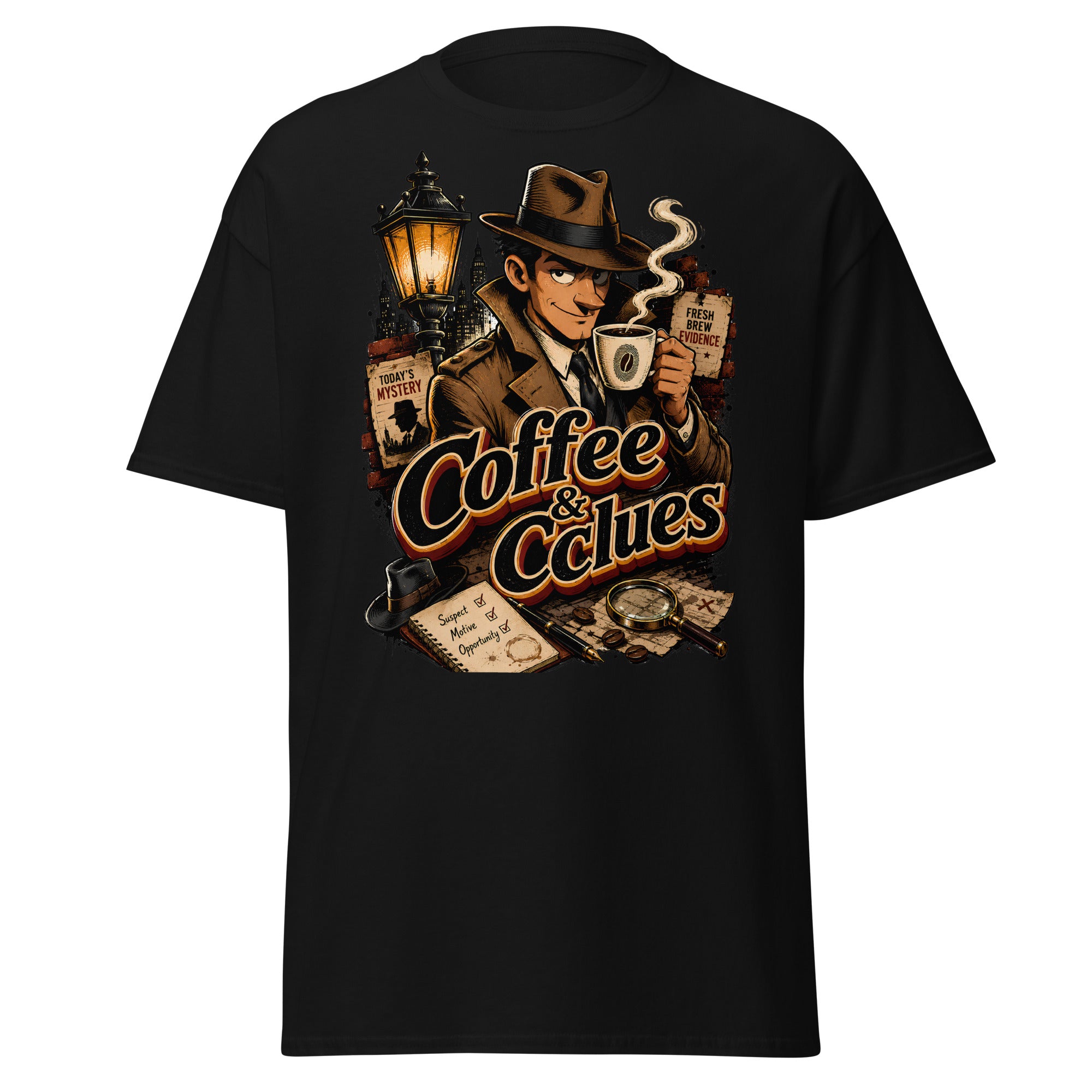 Coffee Lovers Unisex Classic Tee Coffee & Clues – Noir Detective Style Graphic Shirt by printfluence.net