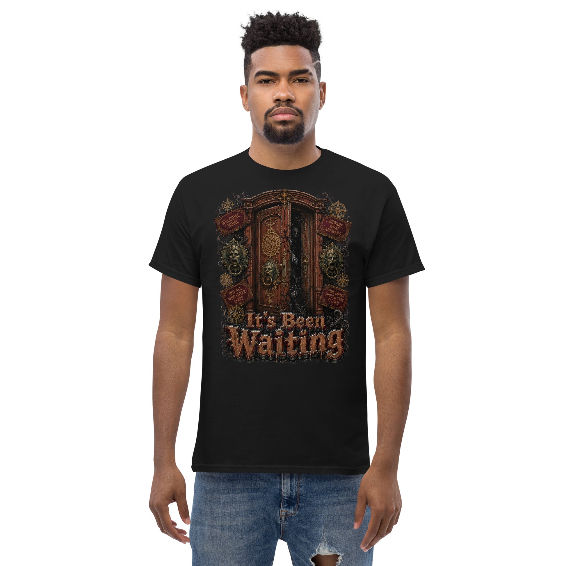 Horror and Mystery Lovers Unisex Classic Tee — "It's Been Waiting" Haunted Door and Creepy Entity Design by printfluence.net