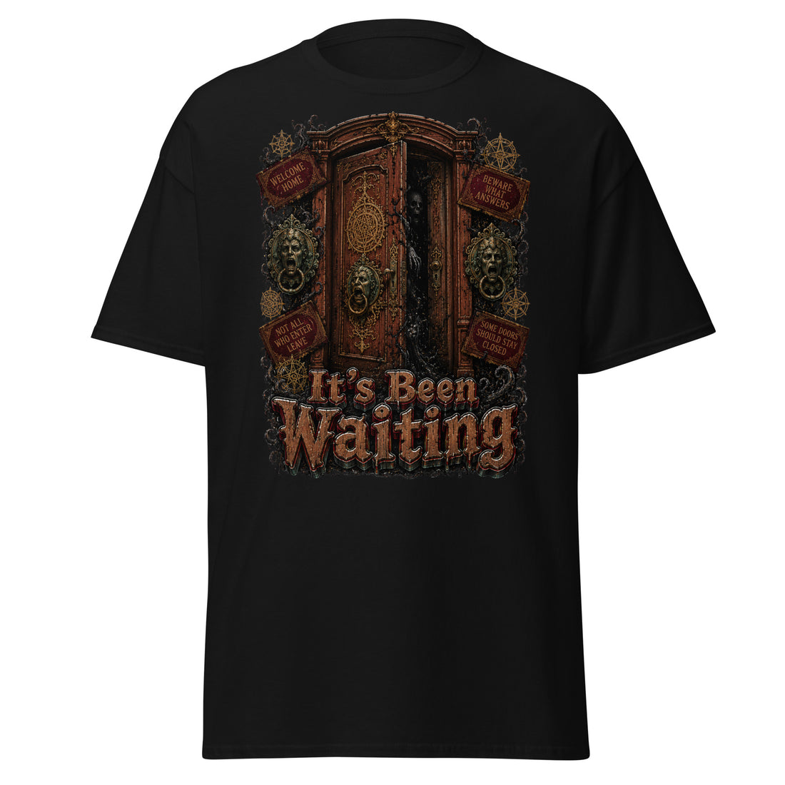 Horror and Mystery Lovers Unisex Classic Tee — "It's Been Waiting" Haunted Door and Creepy Entity Design by printfluence.net