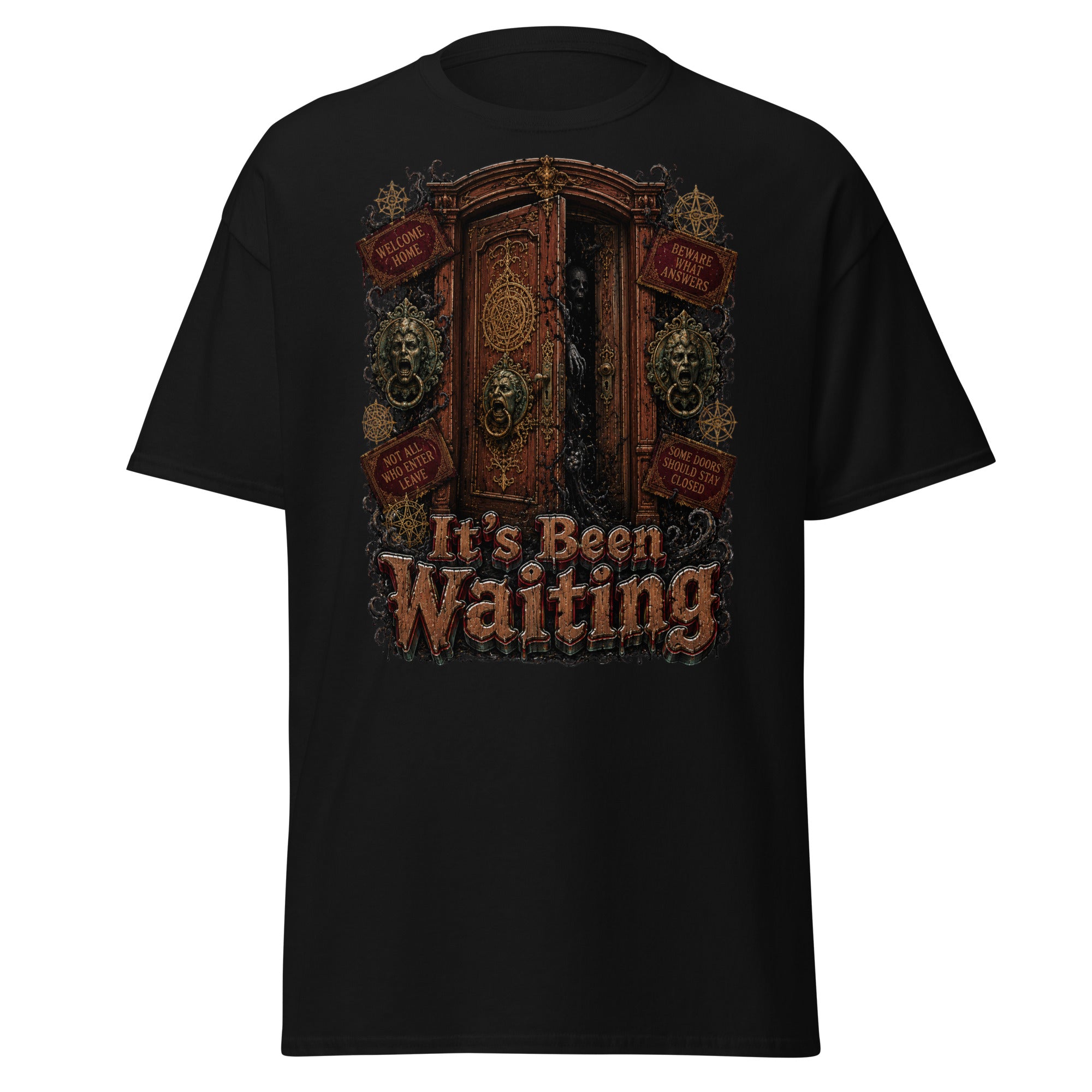 Horror and Mystery Lovers Unisex Classic Tee — "It's Been Waiting" Haunted Door and Creepy Entity Design by printfluence.net