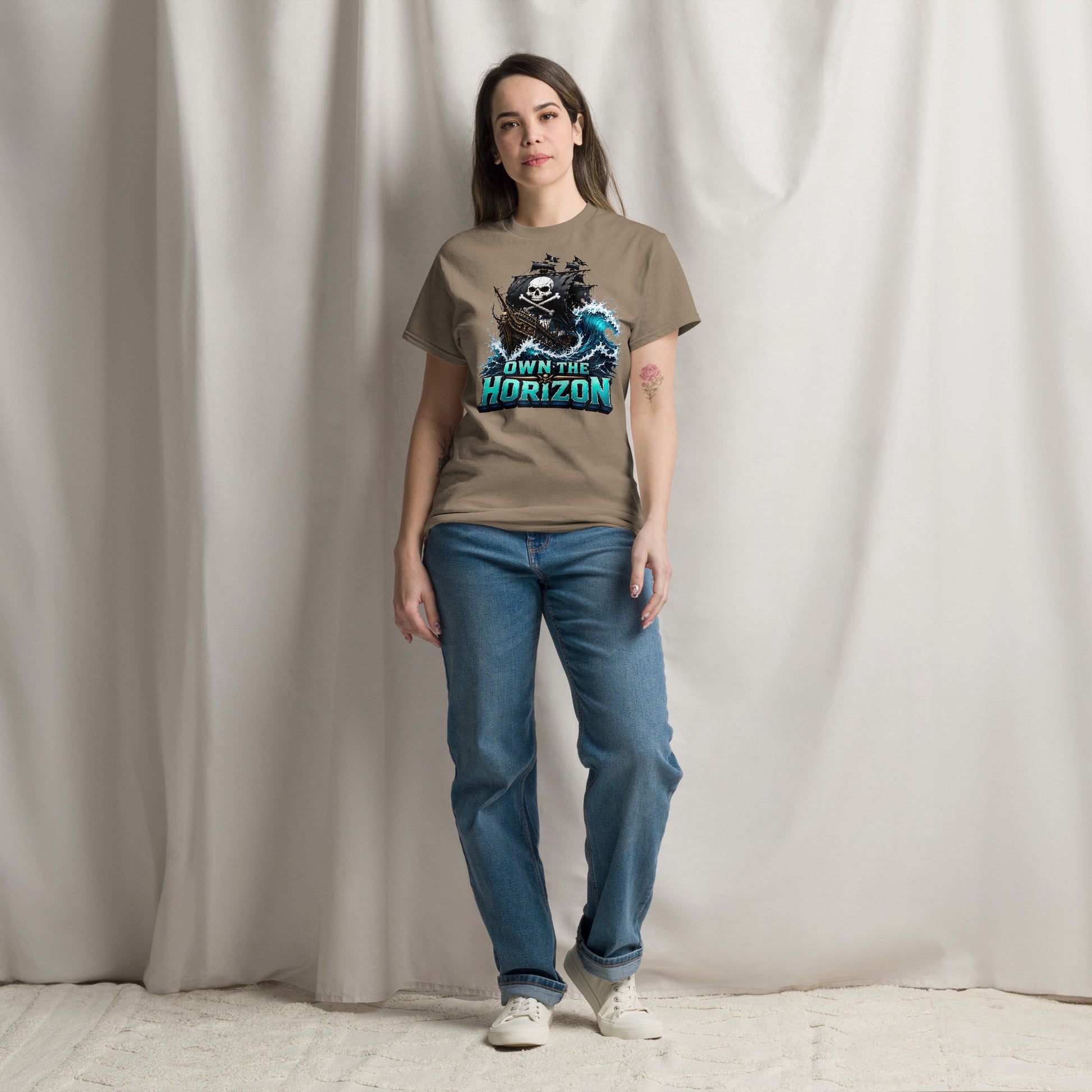 Unisex classic tee - Own The Horizon - Epic Pirate Ship Skull by printfluence.net