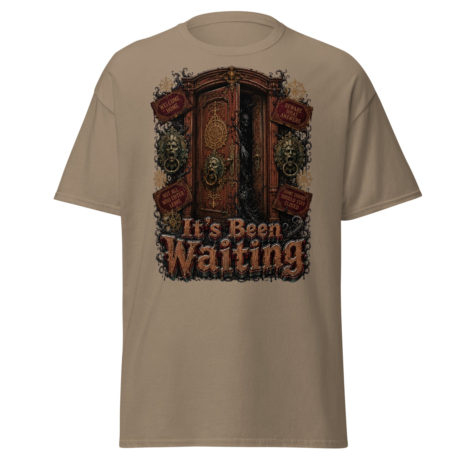 Horror and Mystery Lovers Unisex Classic Tee — "It's Been Waiting" Haunted Door and Creepy Entity Design by printfluence.net