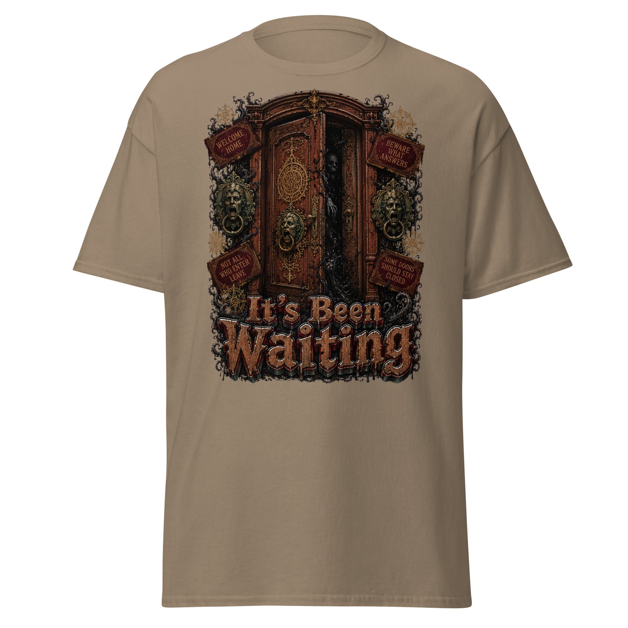Horror and Mystery Lovers Unisex Classic Tee — "It's Been Waiting" Haunted Door and Creepy Entity Design by printfluence.net