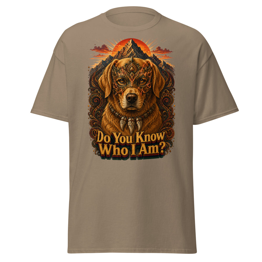 Golden Retriever Lovers Unisex Classic Tee — "Do You Know Who I Am?" Mystical Mask, Mountains, and Tribal Collar Design by printfluence.net