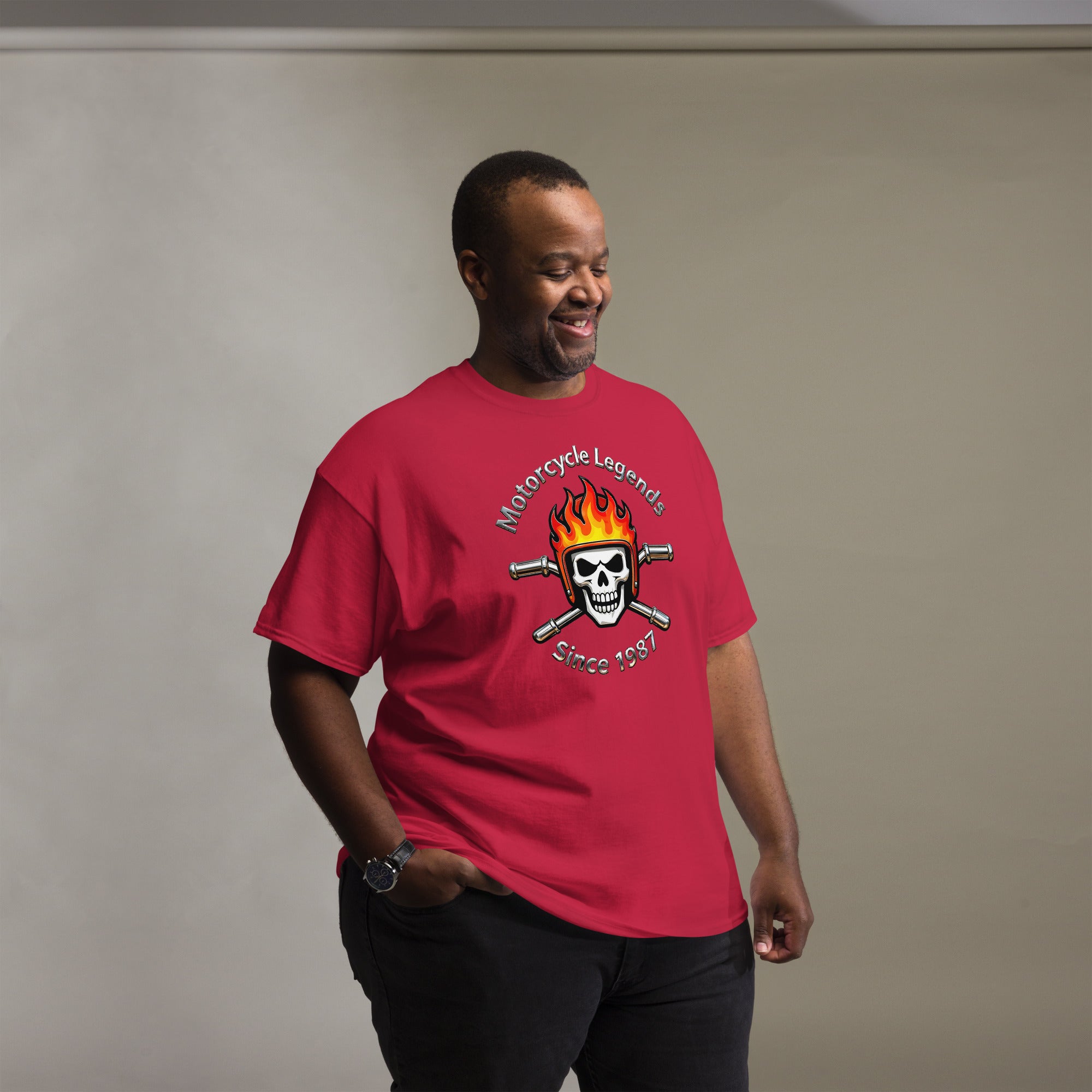 Unisex classic tee - Motorcycle Legends Since 1987 Tee – Flaming Chrome Biker Graphic T-Shirt by printfluence.net