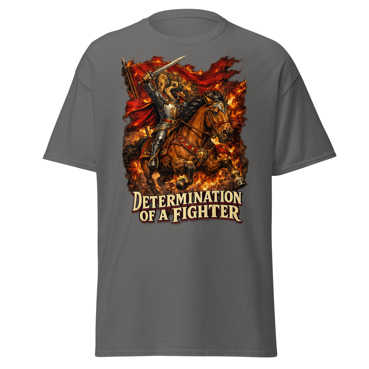 German Shepherd Lovers Unisex Classic Tee | "Determination of a Fighter" Medieval Knight Graphic Apparel by printfluence.net