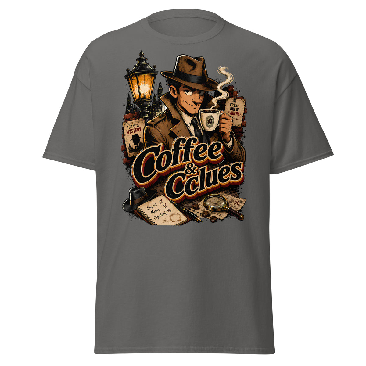 Coffee Lovers Unisex Classic Tee Coffee & Clues – Noir Detective Style Graphic Shirt by printfluence.net