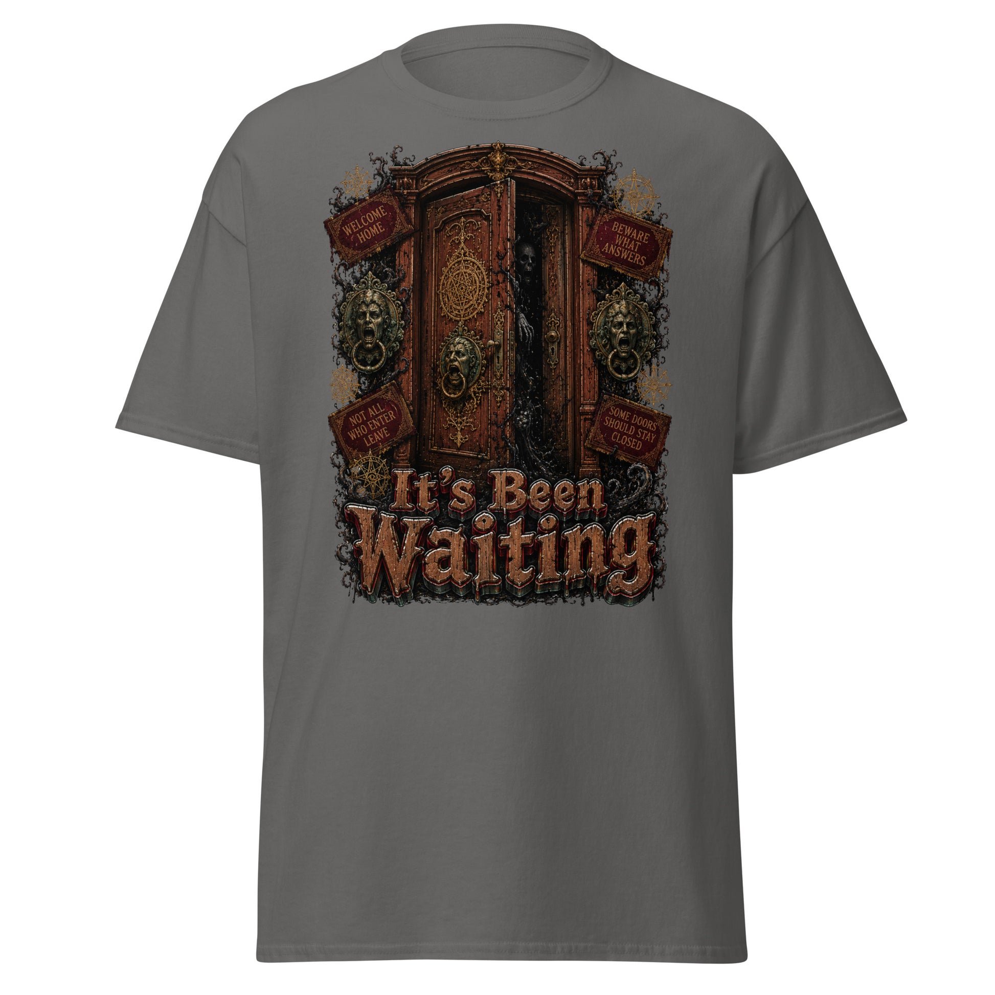 Horror and Mystery Lovers Unisex Classic Tee — "It's Been Waiting" Haunted Door and Creepy Entity Design by printfluence.net