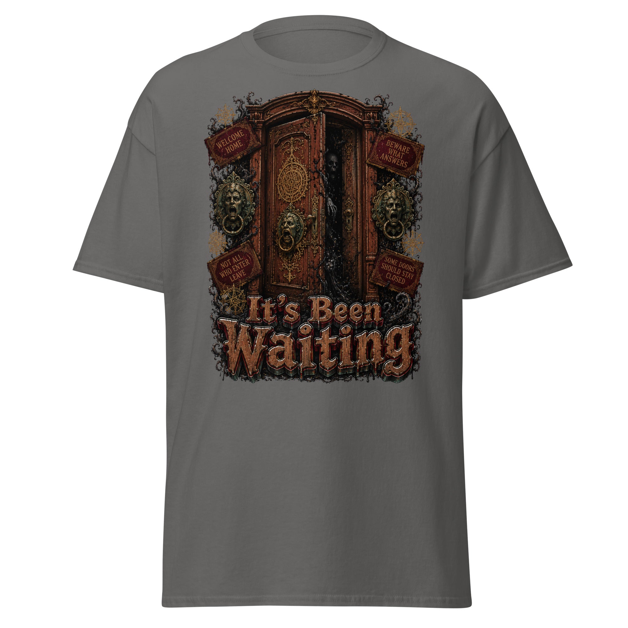 Horror and Mystery Lovers Unisex Classic Tee — "It's Been Waiting" Haunted Door and Creepy Entity Design by printfluence.net
