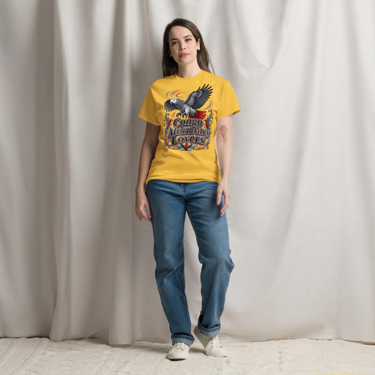 Classic Congo African Grey Lovers T-Shirt – Majestic Flying Parrot Art by printfluence.net
