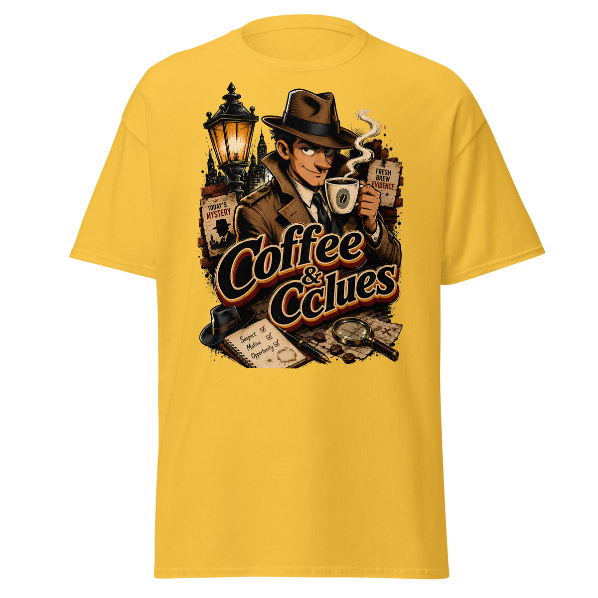 Coffee Lovers Unisex Classic Tee Coffee & Clues – Noir Detective Style Graphic Shirt by printfluence.net