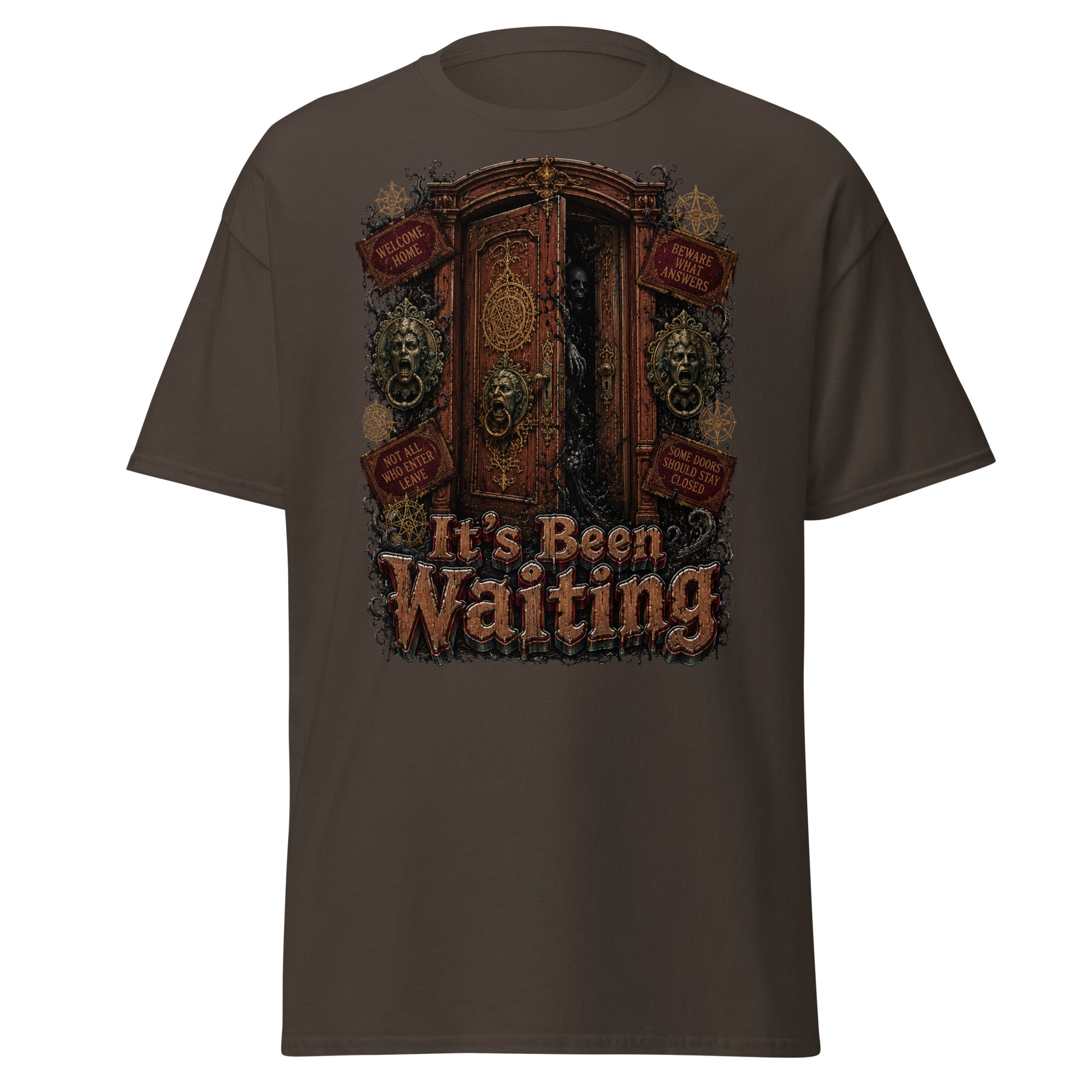 Horror and Mystery Lovers Unisex Classic Tee — "It's Been Waiting" Haunted Door and Creepy Entity Design by printfluence.net