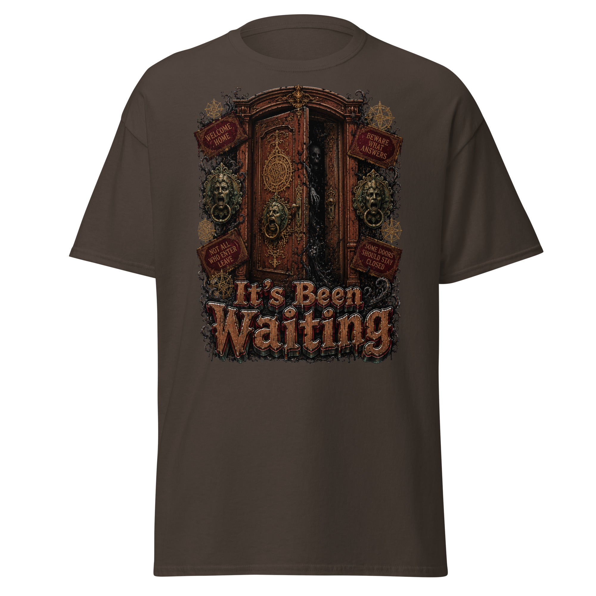 Horror and Mystery Lovers Unisex Classic Tee — "It's Been Waiting" Haunted Door and Creepy Entity Design by printfluence.net