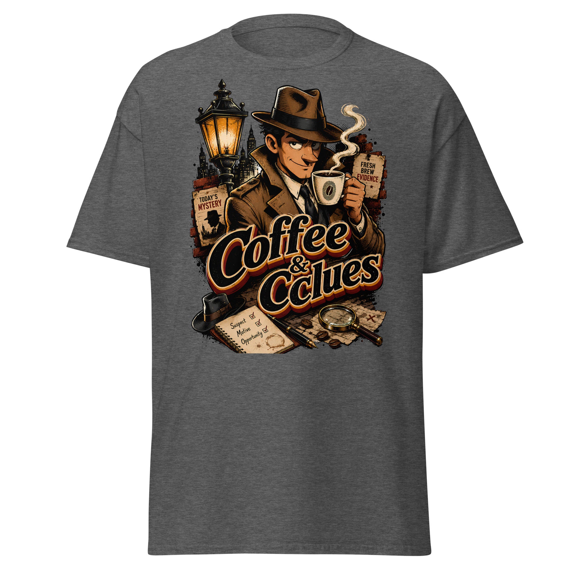 Coffee Lovers Unisex Classic Tee Coffee & Clues – Noir Detective Style Graphic Shirt by printfluence.net