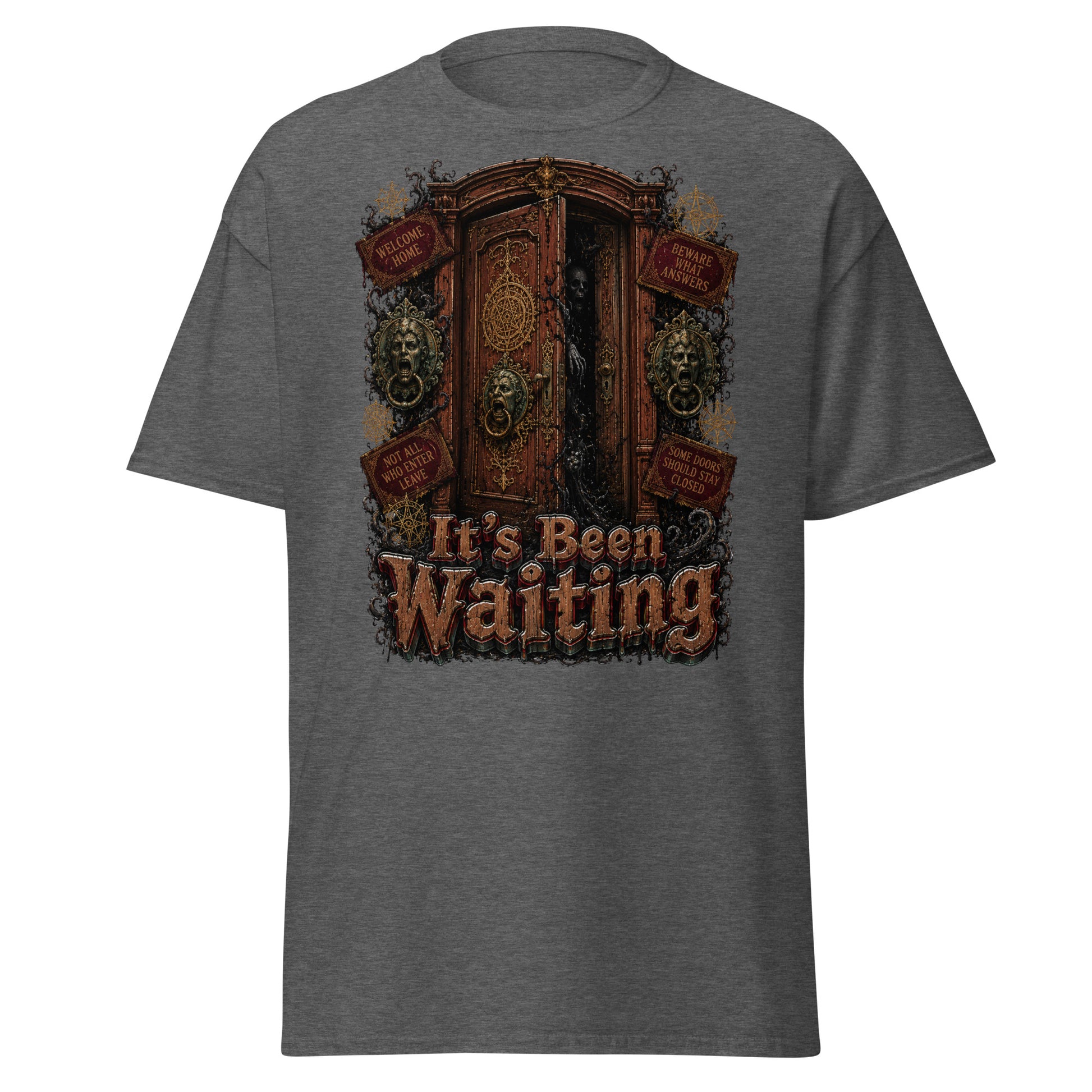 Horror and Mystery Lovers Unisex Classic Tee — "It's Been Waiting" Haunted Door and Creepy Entity Design by printfluence.net