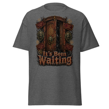 Horror and Mystery Lovers Unisex Classic Tee — "It's Been Waiting" Haunted Door and Creepy Entity Design by printfluence.net