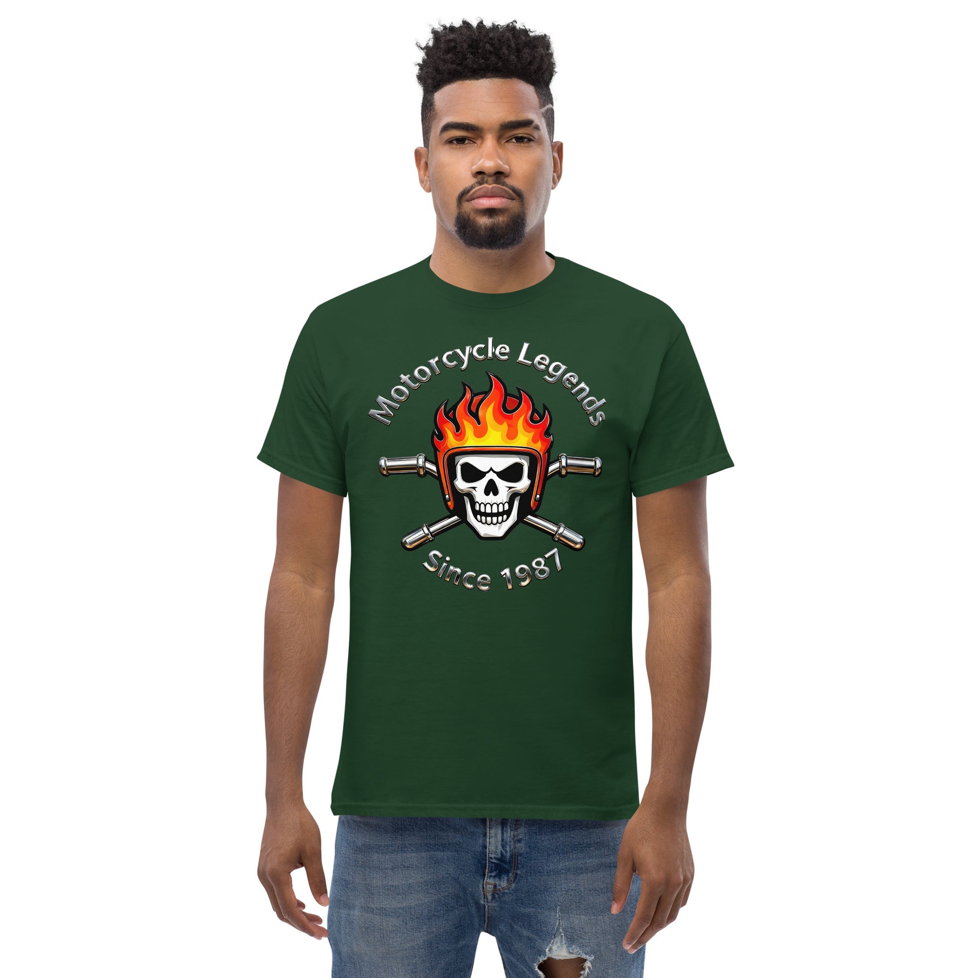 Unisex classic tee - Motorcycle Legends Since 1987 Tee – Flaming Chrome Biker Graphic T-Shirt by printfluence.net