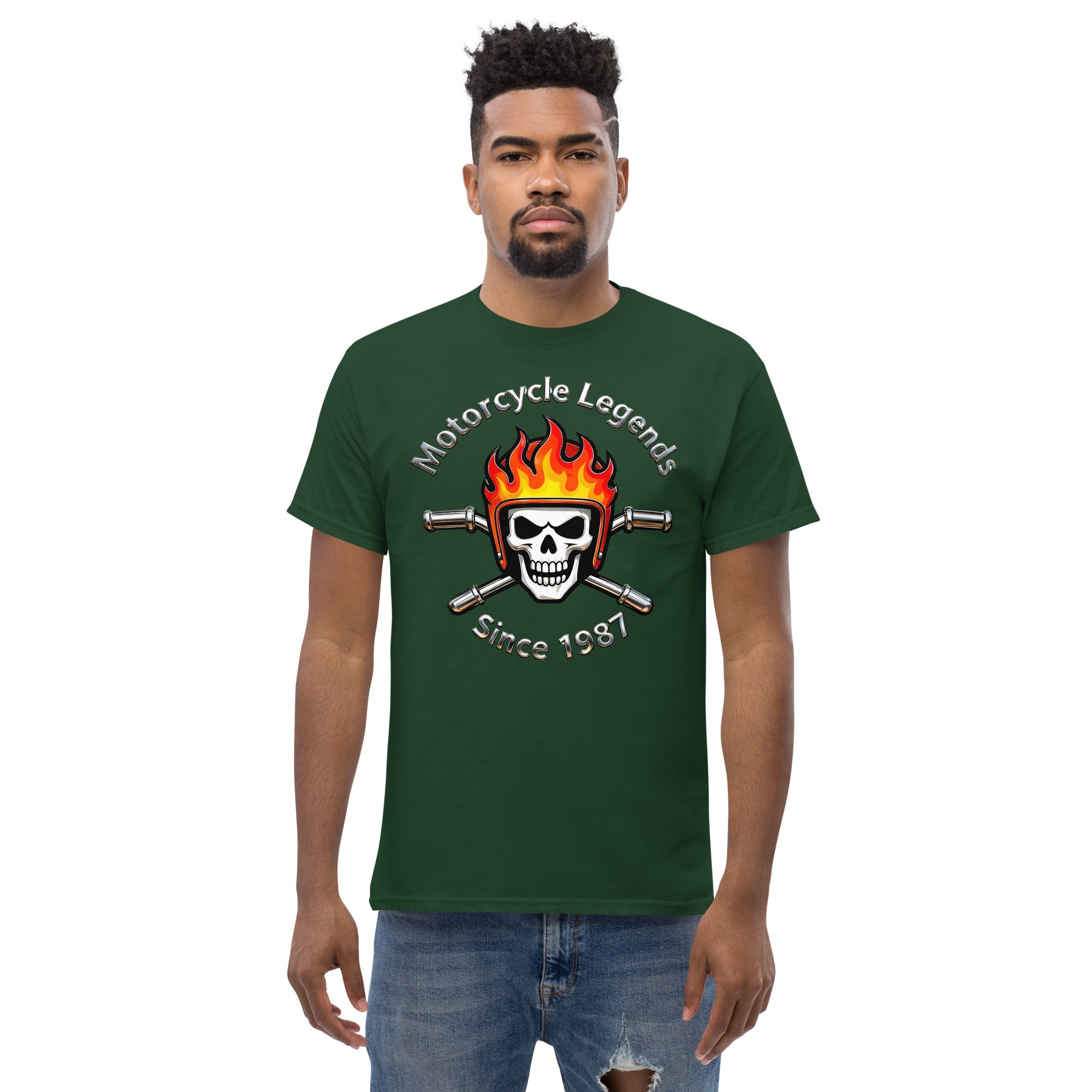 Unisex classic tee - Motorcycle Legends Since 1987 Tee – Flaming Chrome Biker Graphic T-Shirt by printfluence.net