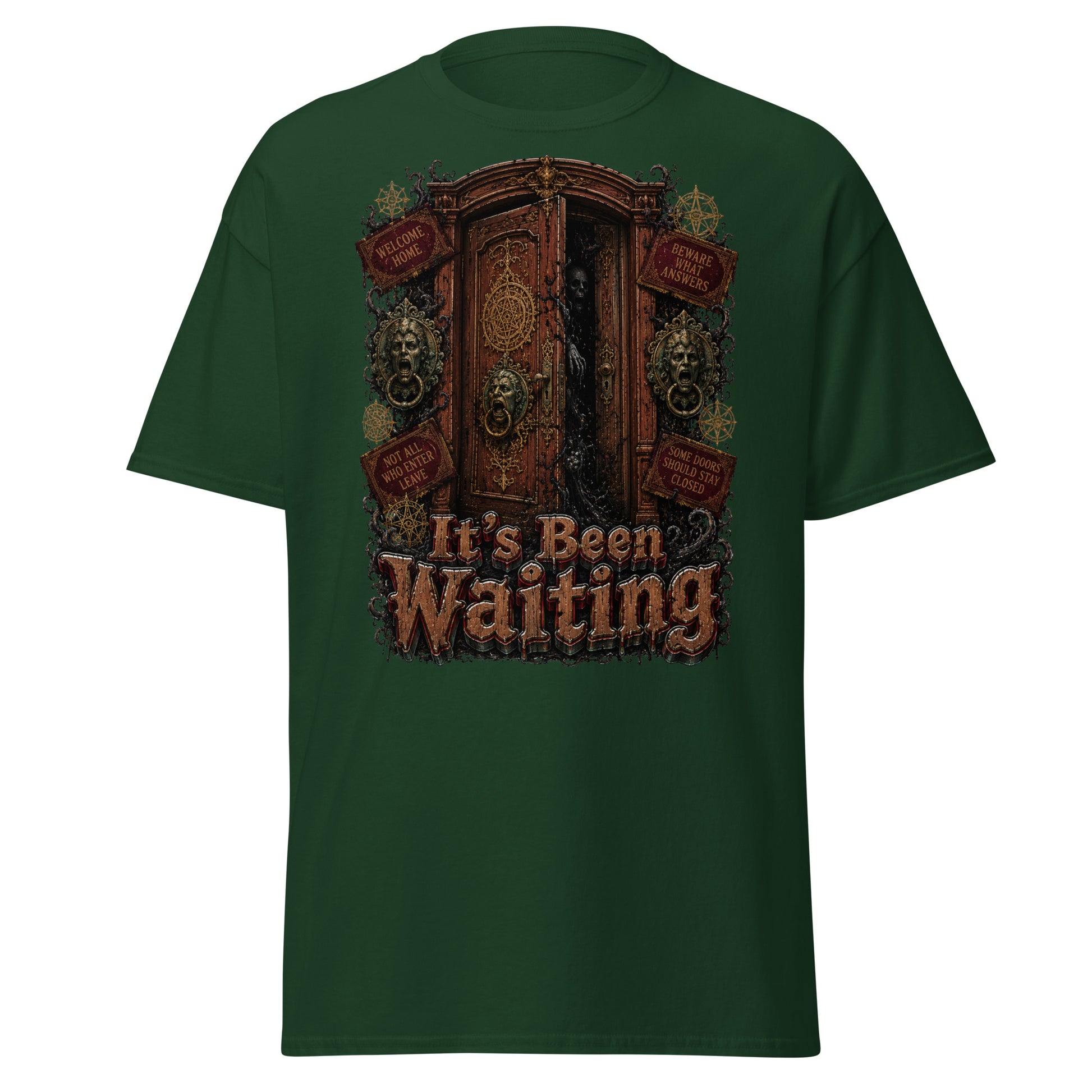 Horror and Mystery Lovers Unisex Classic Tee — "It's Been Waiting" Haunted Door and Creepy Entity Design by printfluence.net