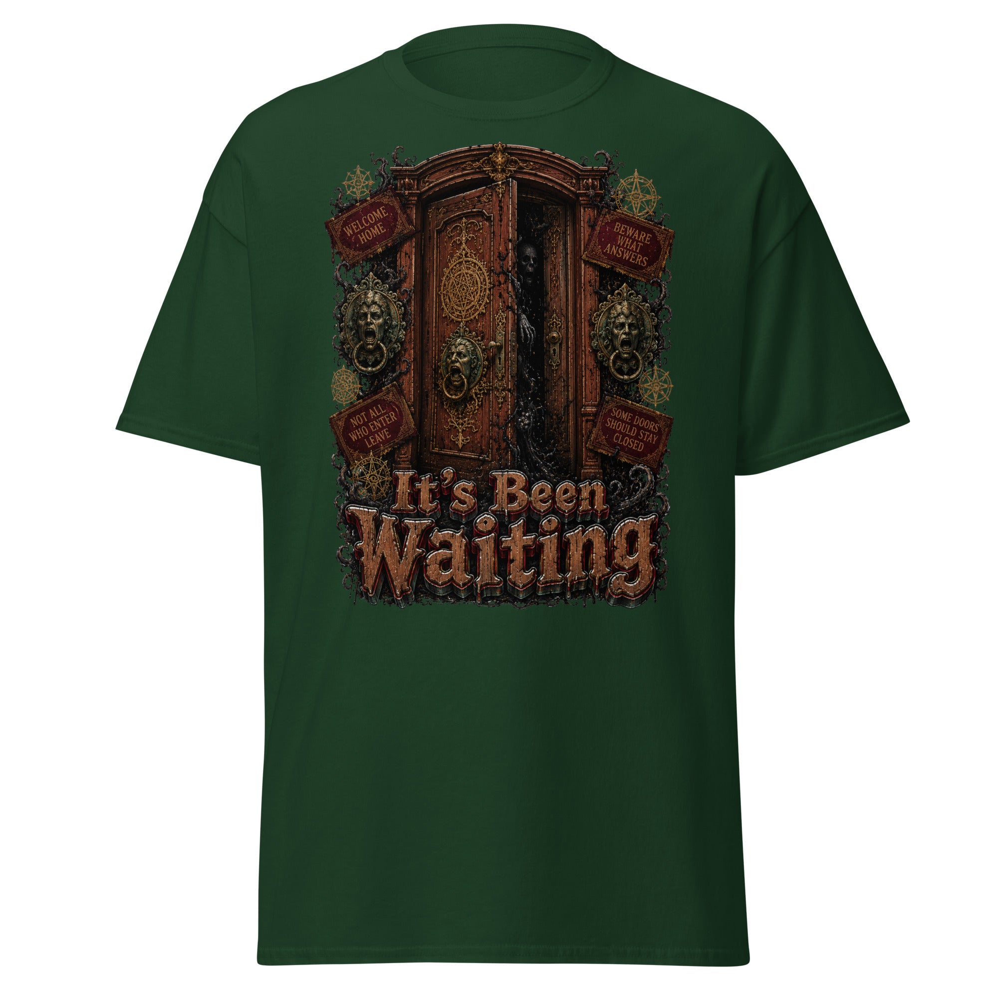 Horror and Mystery Lovers Unisex Classic Tee — "It's Been Waiting" Haunted Door and Creepy Entity Design by printfluence.net
