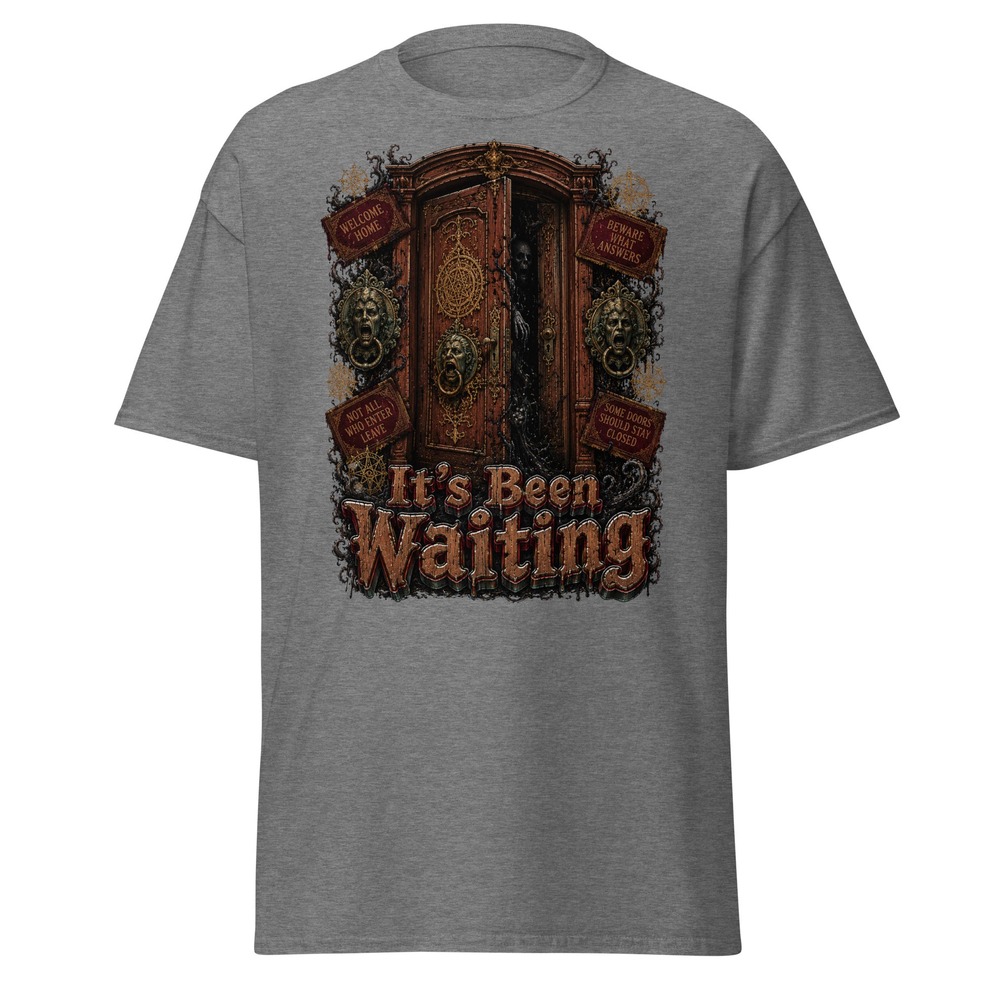 Horror and Mystery Lovers Unisex Classic Tee — "It's Been Waiting" Haunted Door and Creepy Entity Design by printfluence.net