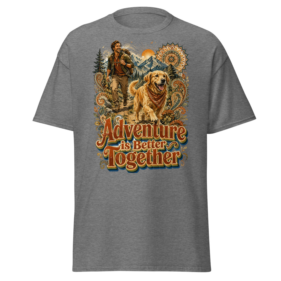 Golden Retriever Lovers Unisex Classic Tee — "Adventure is Better Together" Hiking Man and Dog Design by printfluence.net